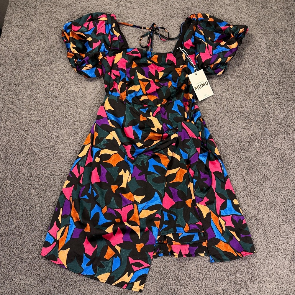Show Me Your Mumu Dress Womens Medium Black Multi Puff Sleeve Mini Wrap Made USA